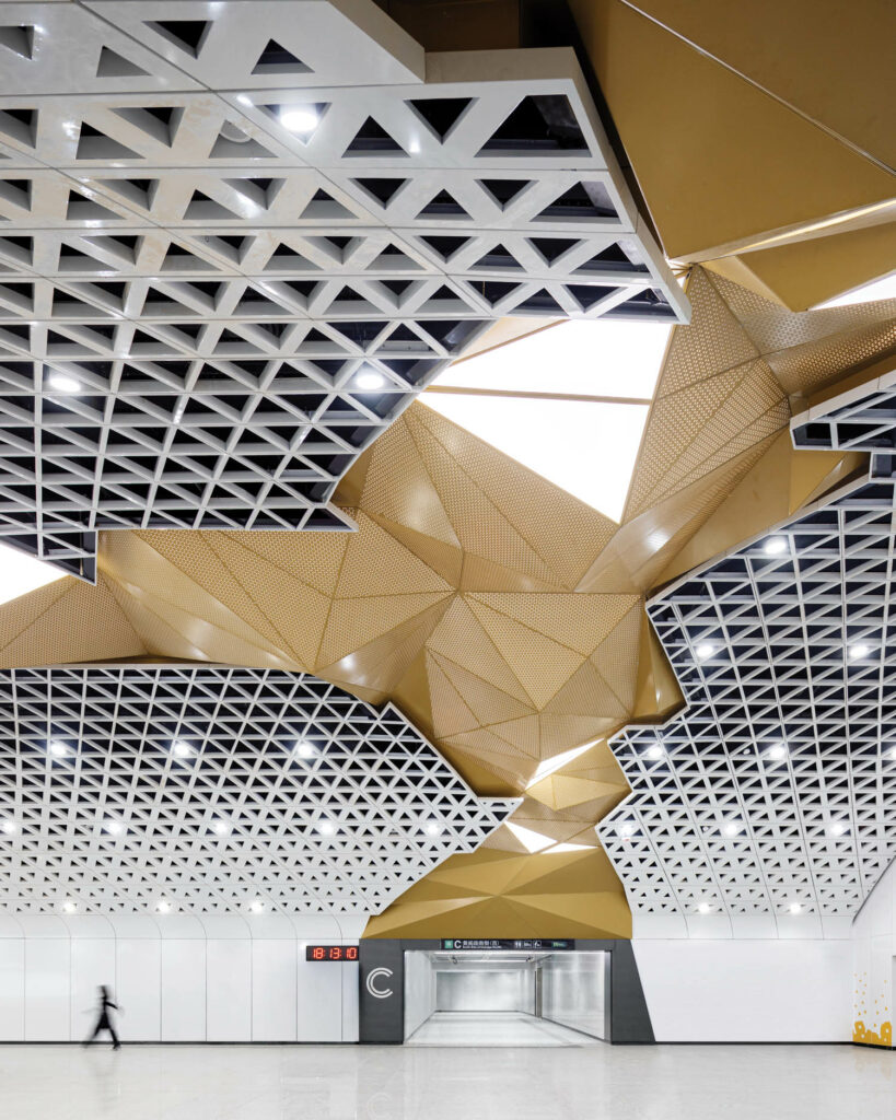 a rocklike ceiling installation inside a metro line in china