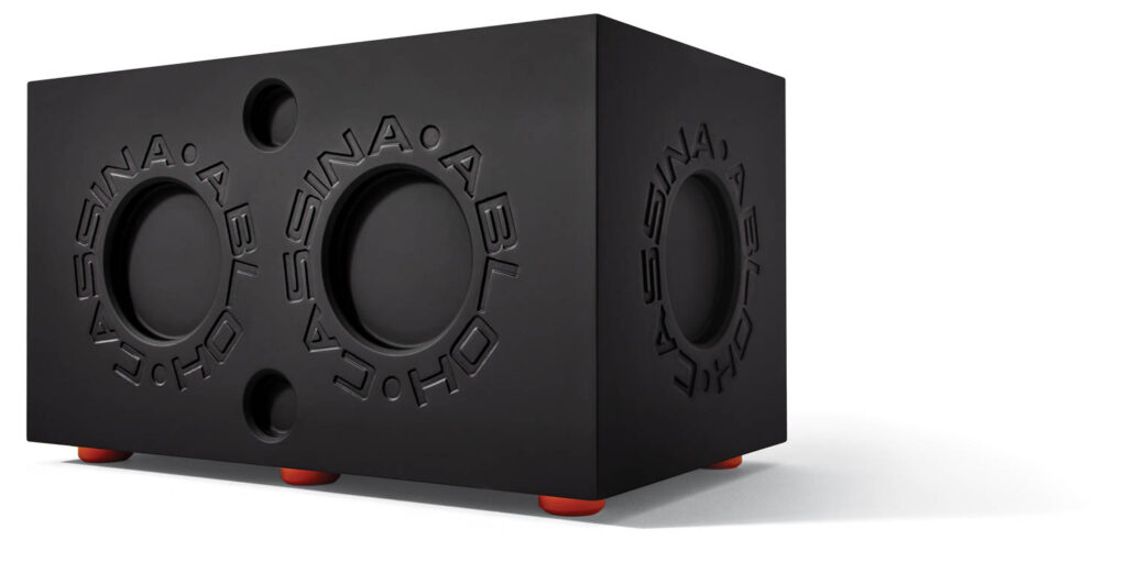 Modular Imagination by Cassina and Virgil Abloh, a multi-use piece of furniture coated in black with circular cutouts