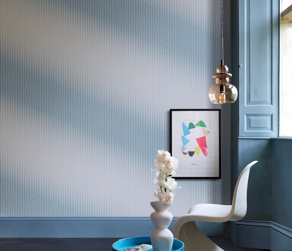 a blue and white wallcovering 