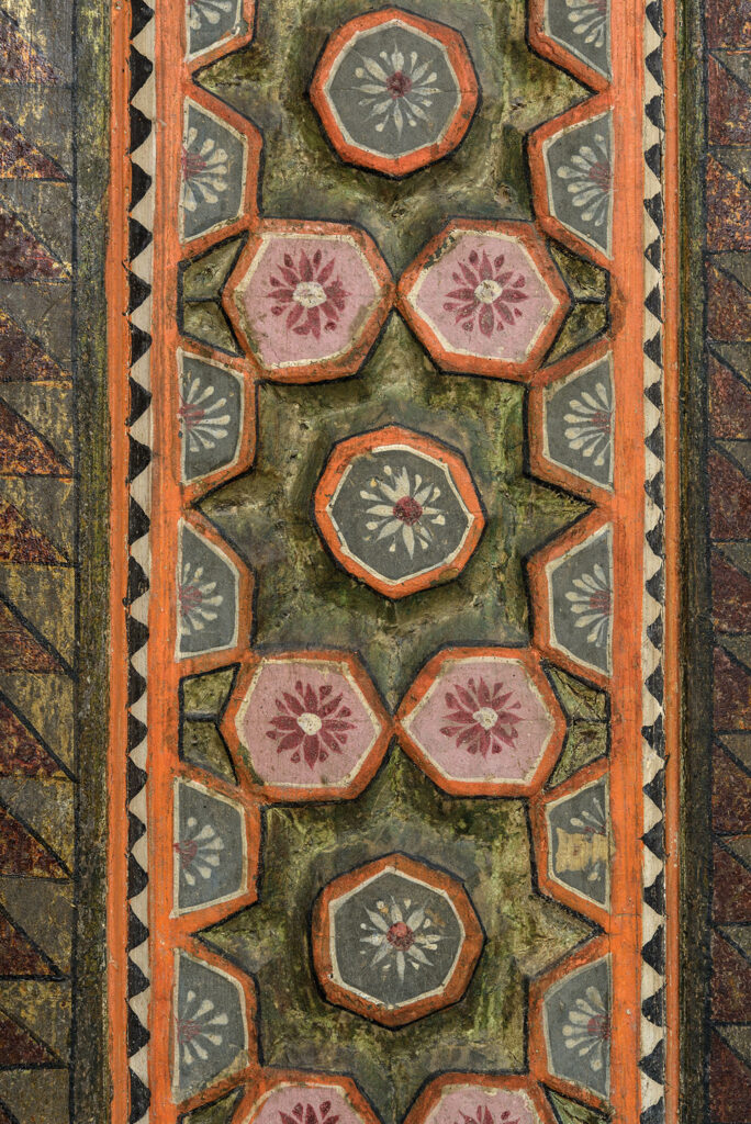green and pale pink patterns with flowers on the walls of Damascus Room