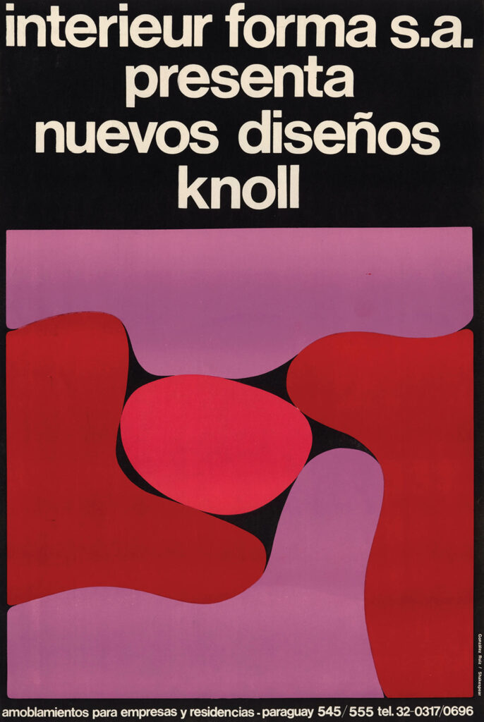 a 1970's poster of Knoll furniture in pink and red
