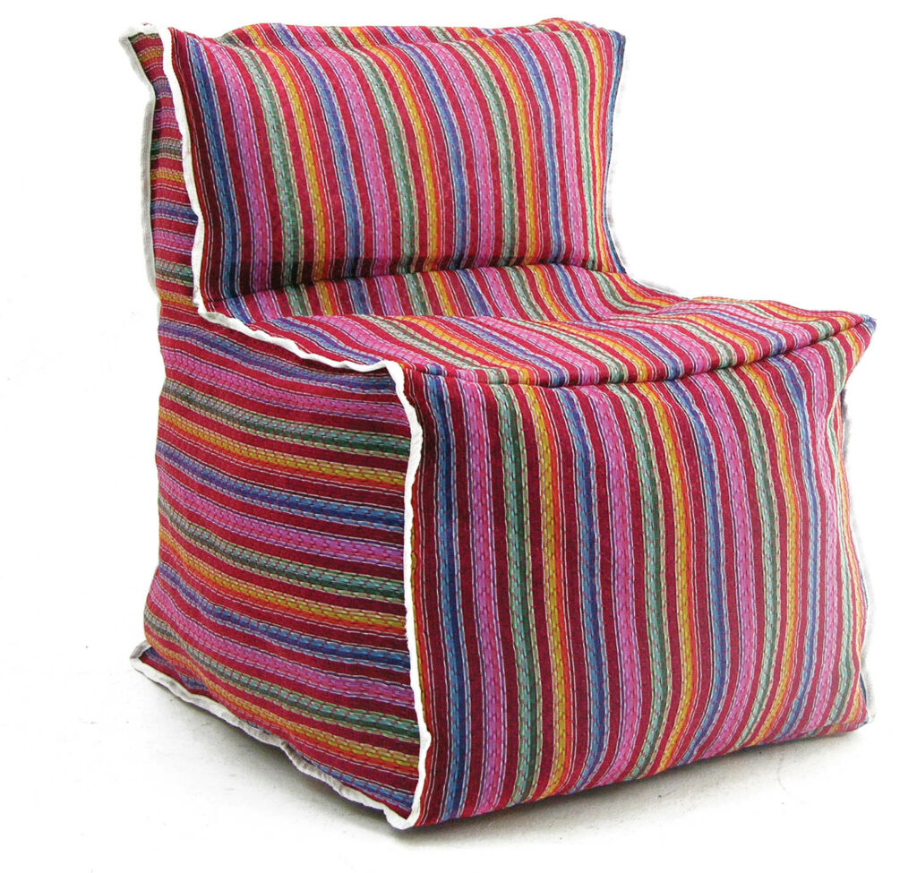 a magenta chair with rainbow stripes and a plush base