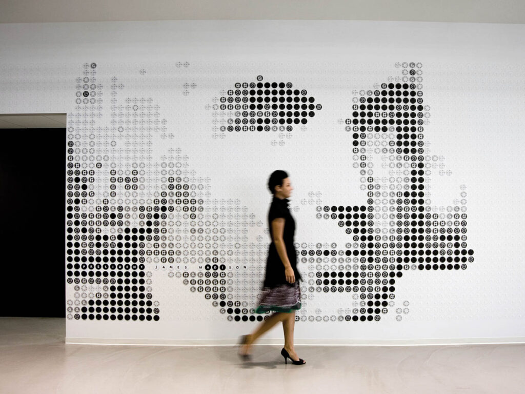 In the Gensler Chicago office, 2009, a portrait of George Washington composed of Velcro disks