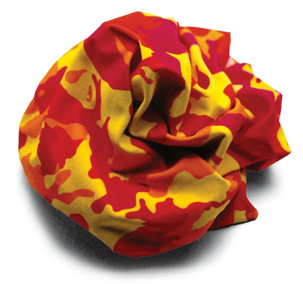 red, orange, and yellow camo fabric for Knoll