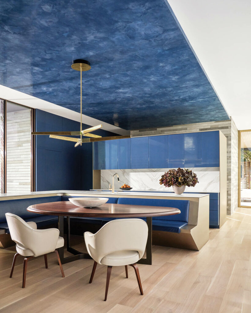a blue kitchen dining area