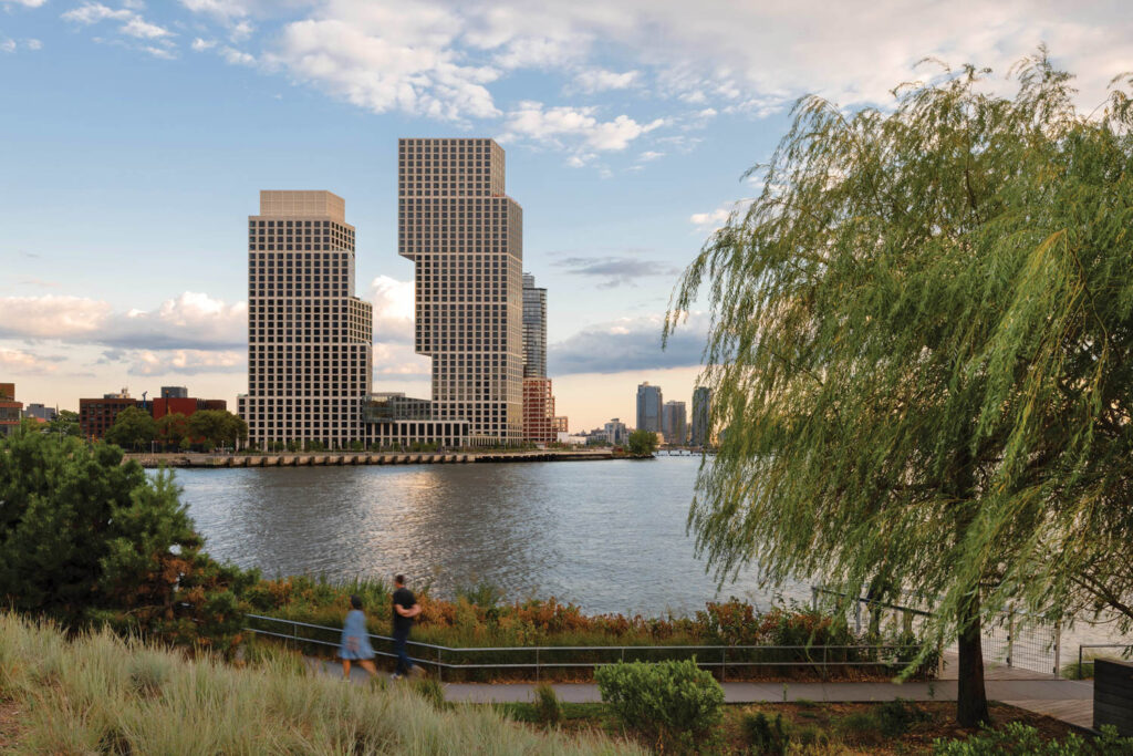 exterior views of the two towers that make up Eagle + West, a residential complex in Brooklyn