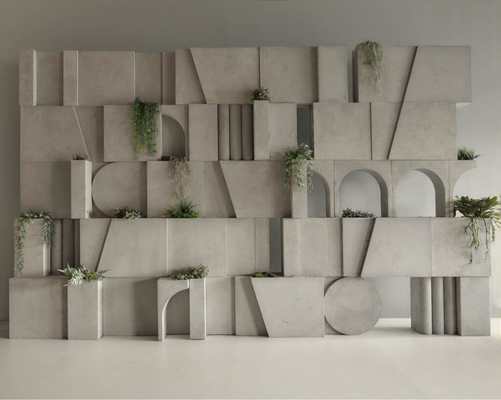 , Spolia is a wallscape comprising modular planters, each with an tectonic relief inspired by ancient architecture