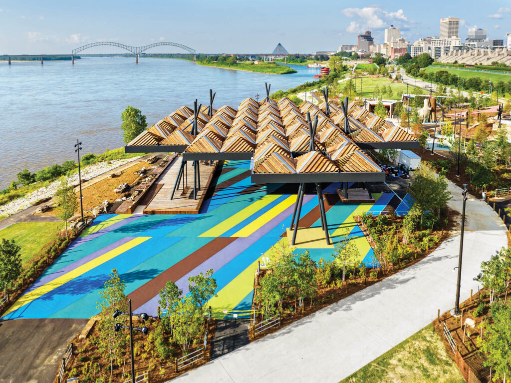The Tom Lee Park in Memphis features vibrant blue hues and river views