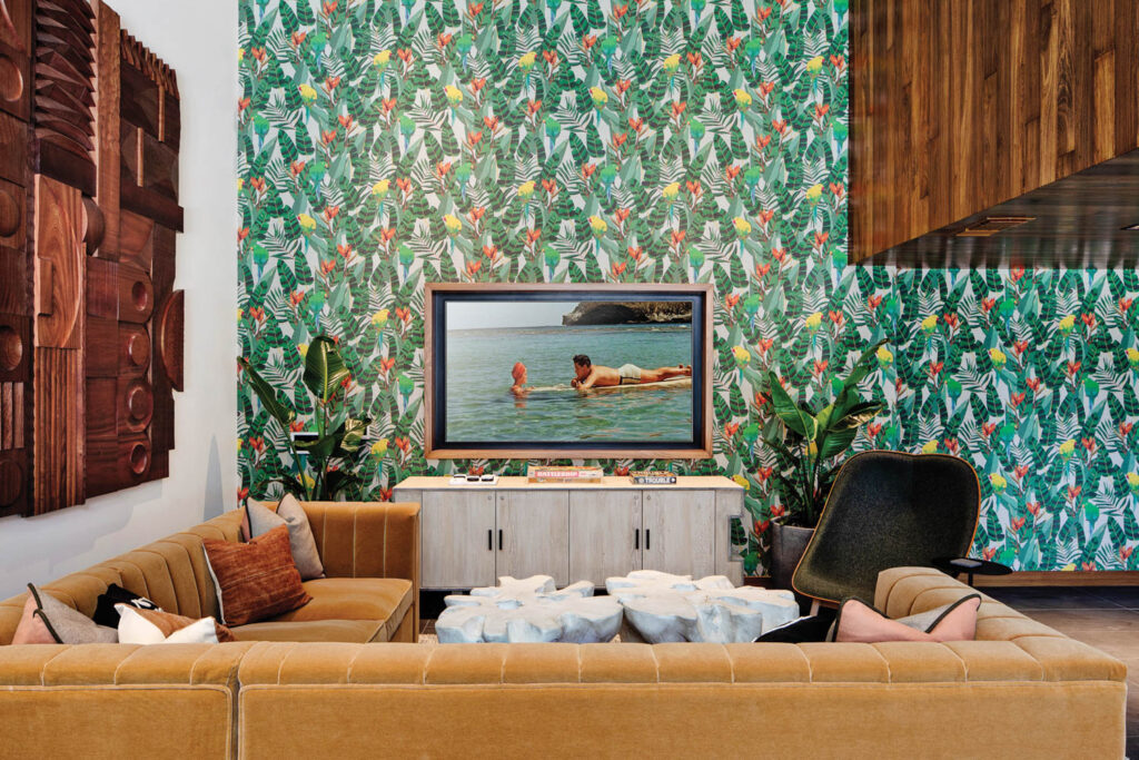 tropical wallpaper inside a rental complex in San Diego