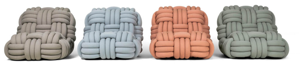 four multicolored yarn-like chairs