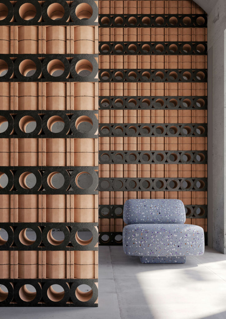 blue chair sitting next to wooden slatted dividers with circular holes