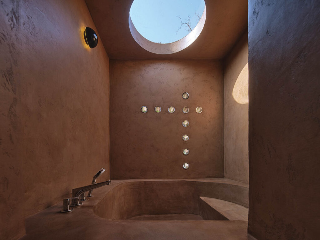 sleek bathroom with circular skylight, brown walls and fancy furnishings