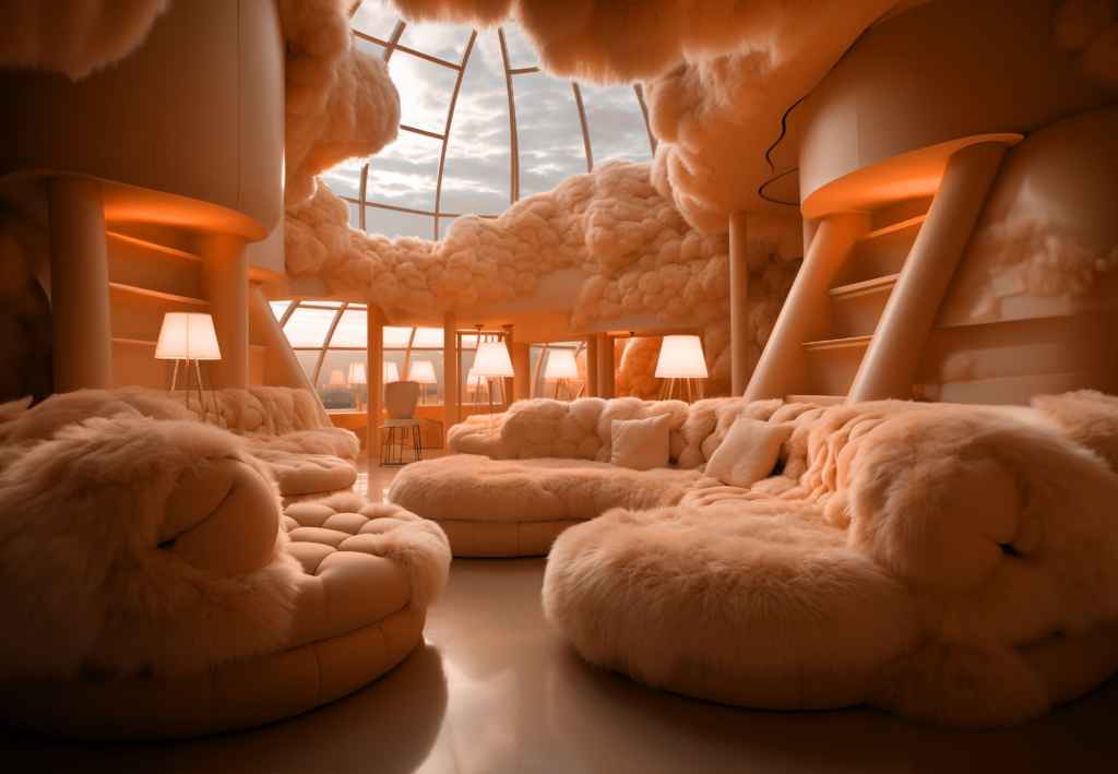 Pantone Color Of The Year 2024 Peach Fuzz room with fluffy furniture